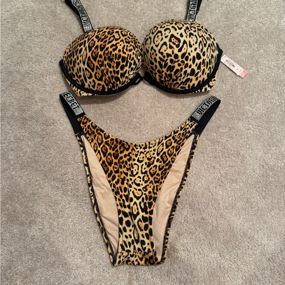 Leopard Print Women's Bombshell push up shine strap Set swim